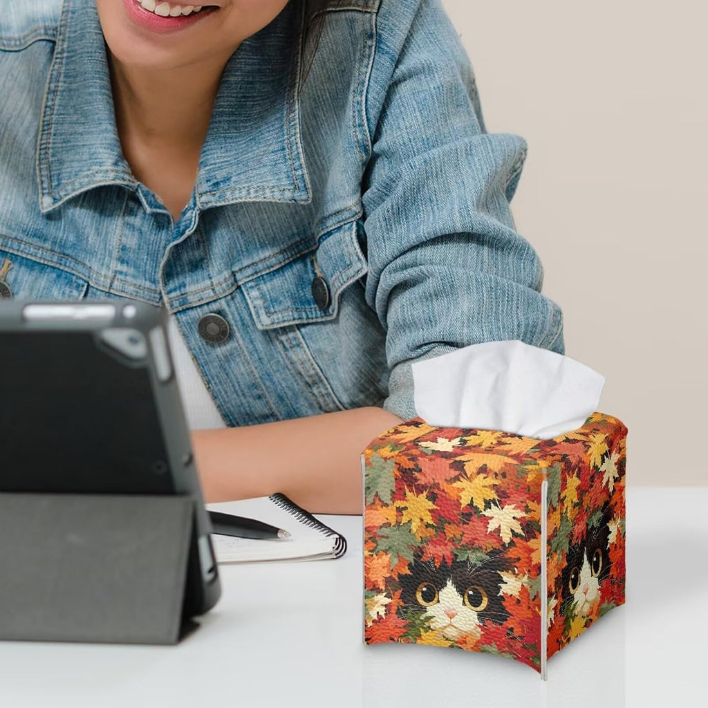 Cat Maple Tissue Box Cover Square PU Leather Desk Tissue Holder