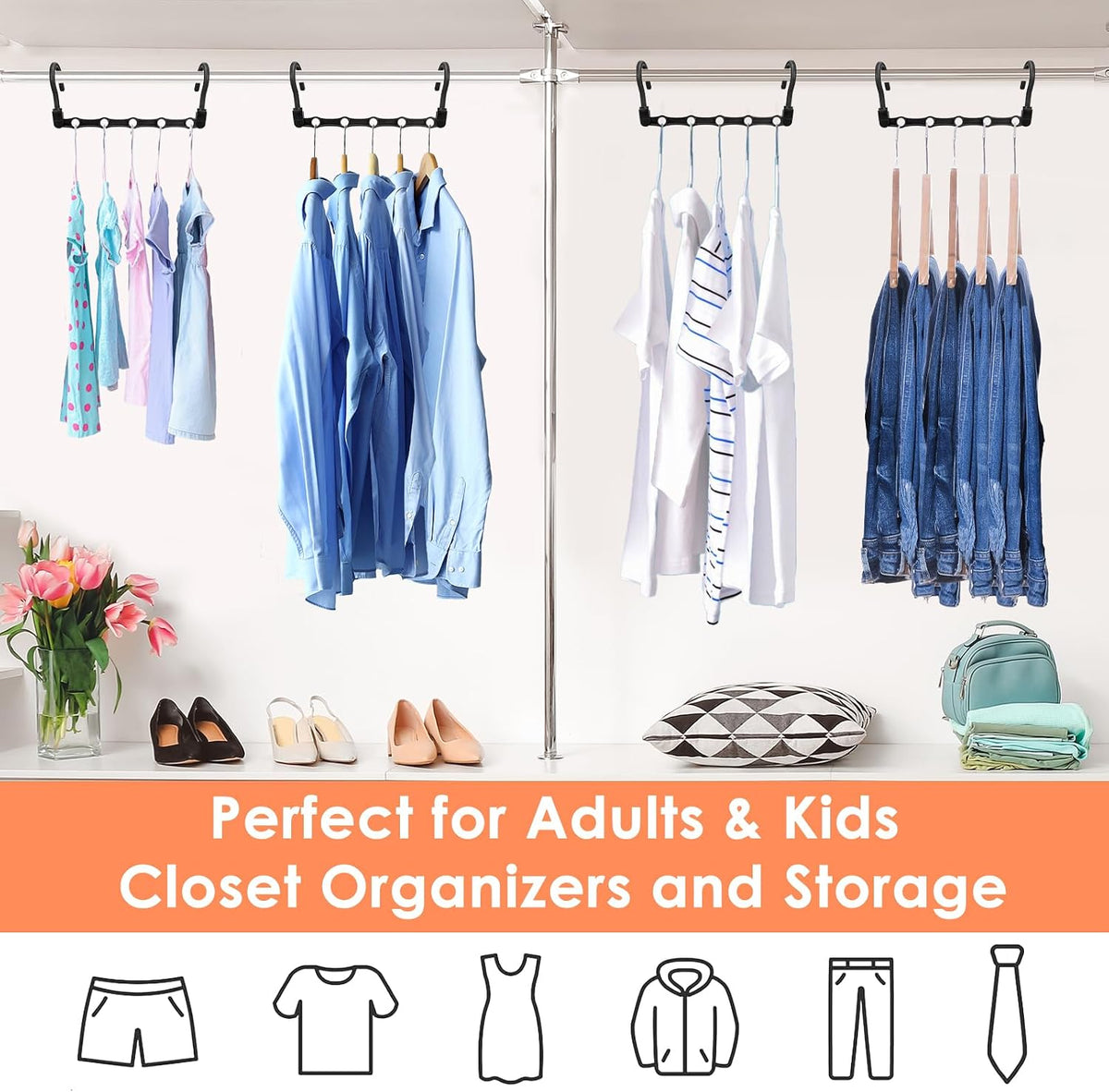 Closet Organizers and Storage, Magic Space Saving Hangers for 60 Heavy Clothes, College Dorm Room Essentials, Sturdy 360° Swivel Hooks Cascading Hanger, Bedroom Home Organization Essentials, 12 Pack