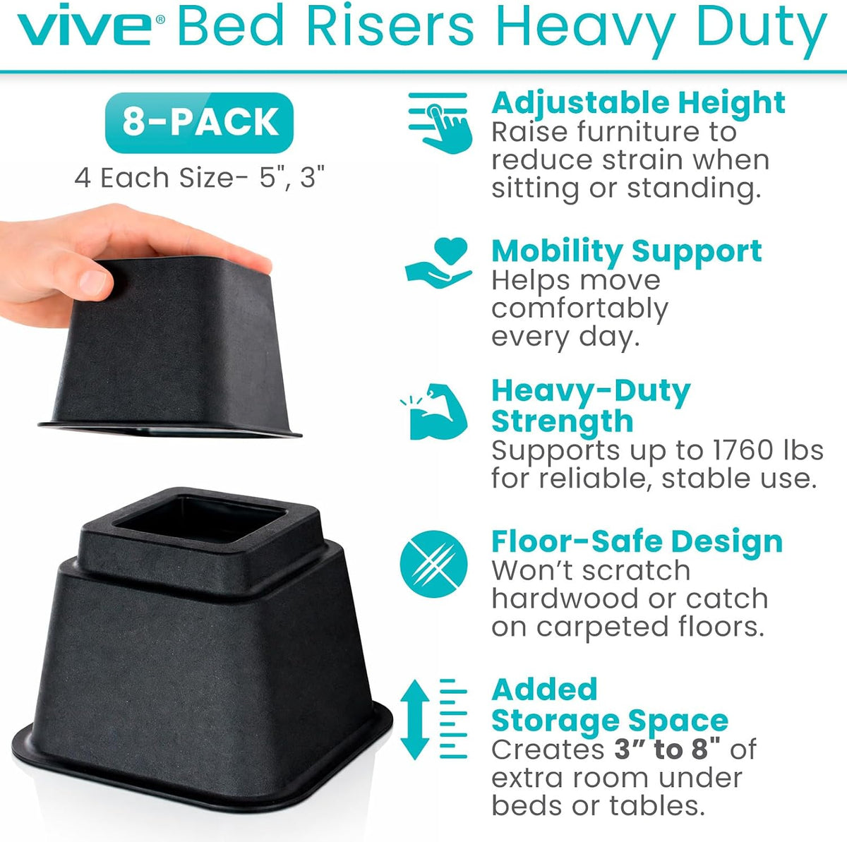 Vive Bed Risers - 3, 5 & 8 Inch Heavy Duty Stackable Risers - Furniture