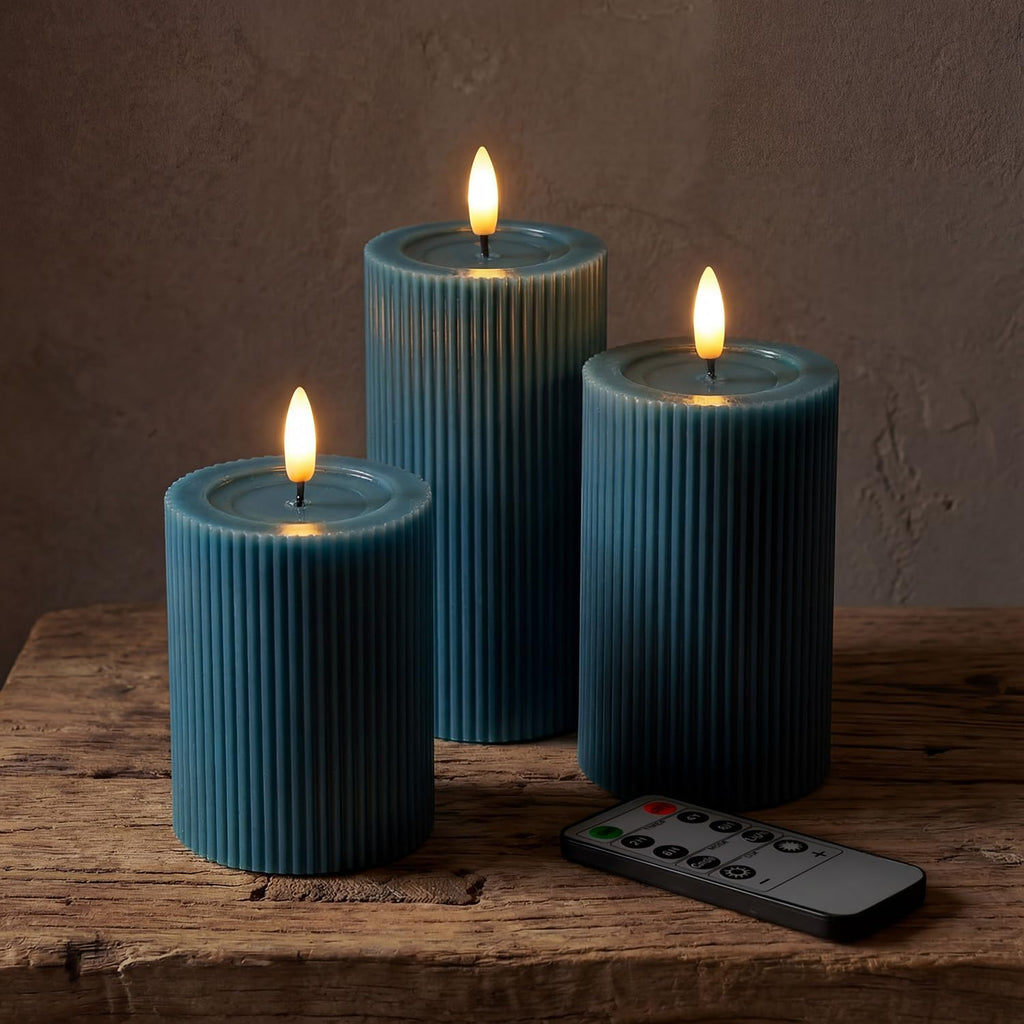 Fluted Ribbed LED Pillar Candles, Blue, with Realistic Reflective Melted-Wax Effect – Flickering Flame, Remote, Dimmable, Flameless, Battery Operated, Home & Wedding Decor (Set of 3)