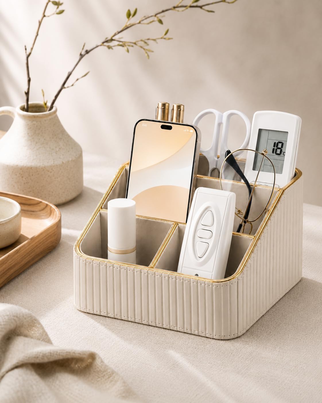 KINGFOM PU Leather Remote Control Holder, 4 Compartment Nightstand Organizer with Gold Trim, Small Desk Organizer for Office Supplies, Phone, Glasses, Pens, Bedside Table, Living Room Decor Beige