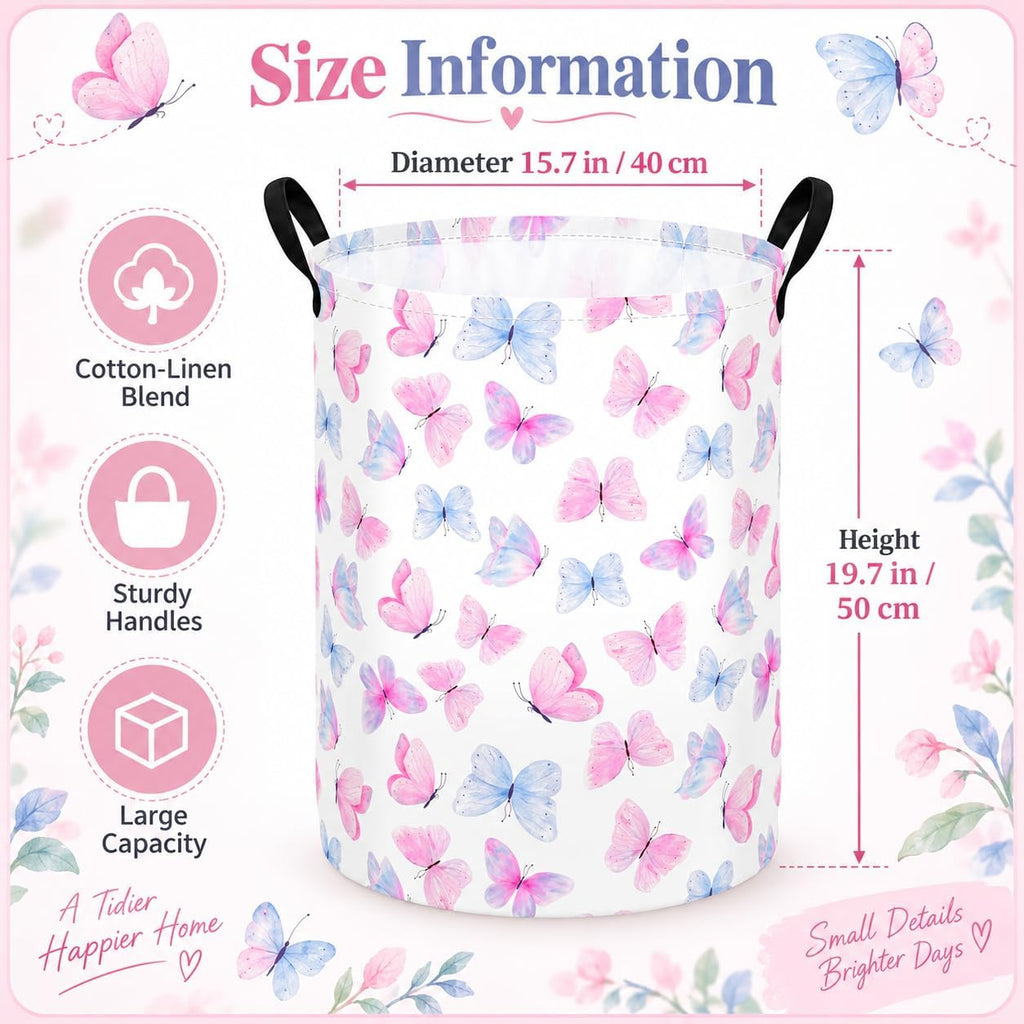 Butterfly Storage Basket for Girls and Kids, Round Collapsible Laundry Hamper with Handles, Pink Blue Butterfly Organizer Bin for Clothes, Toys Room, Nursery, Bedroom Dorm and Gifts