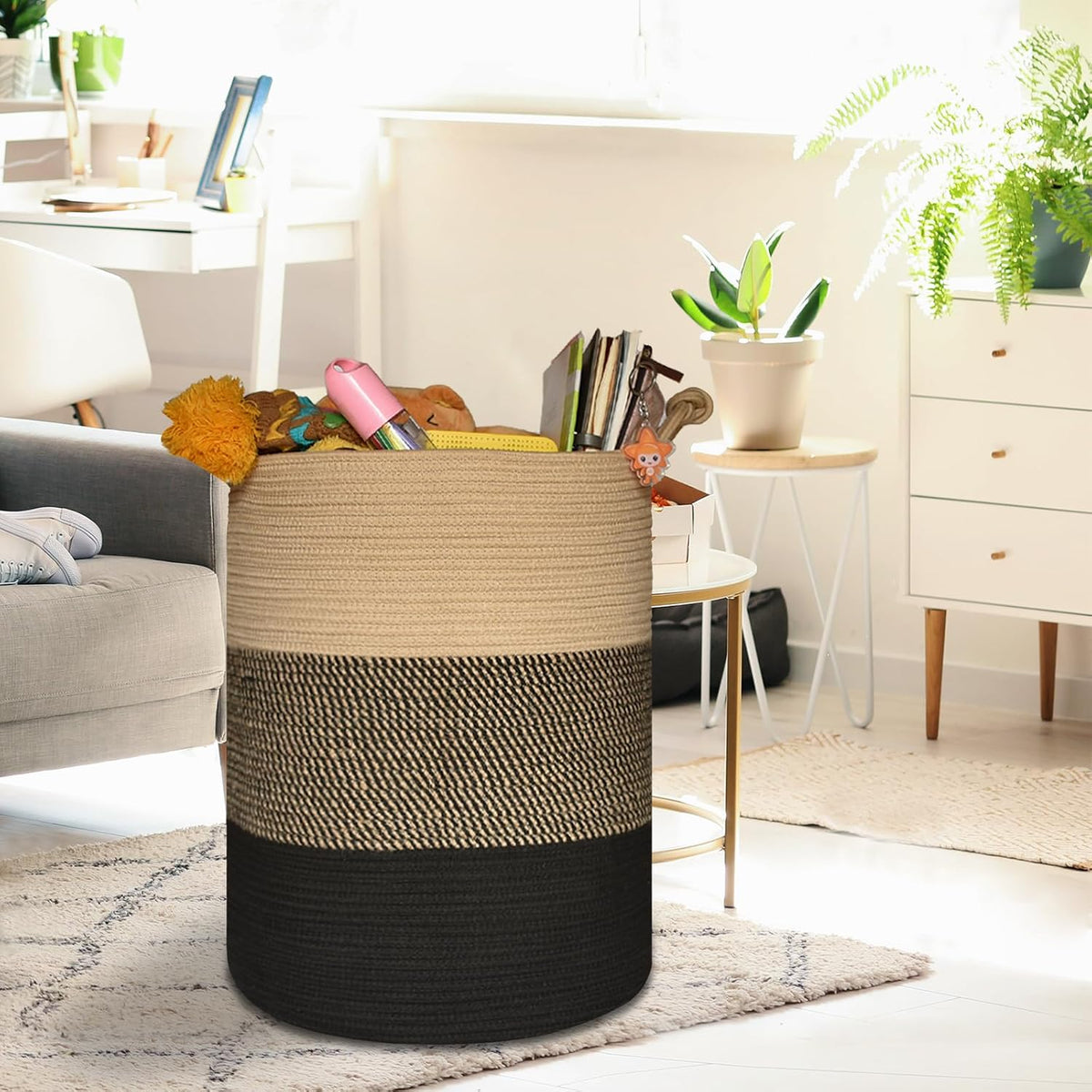 COMSE Tall Woven Blanket & Laundry Basket, 72L, Brown & Black