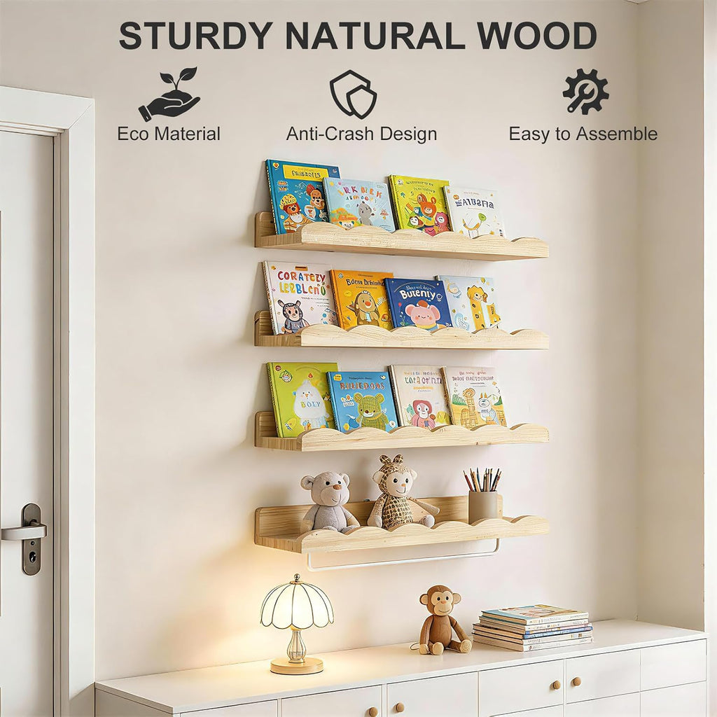 Fixwal Nursery Book Shelves, 16.5 Inch Floating Bookshelves for Wall Set of 4, Scalloped Wall Book Shelves with Towel Rack for Kids, Toddler Room, Baby Room, Nursery Decor and Storage(Natural Wood)