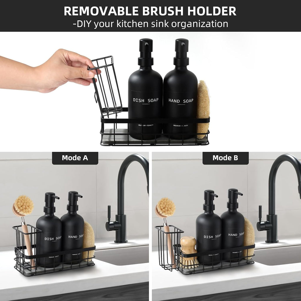 Dish Soap Dispenser for Kitchen, 16.9 fl oz Black Hand and Dish Soap Dispenser Set, Kitchen Soap Dispenser with Sponge Holder, Brush Holder and Loofah Sponge, Countertop Sink Organizer Accessories