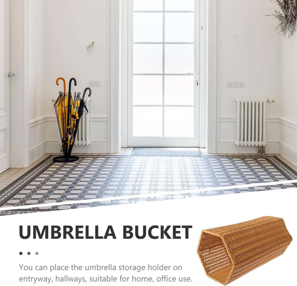 Angoily Artificial Rattan Umbrella Stand with Large Capacity Storage Bucket and Tray Indoor Umbrella Holder for Entryway and Office Multi-Use Rainshade Organizer with Yoga Mat Storage 15.55X7.87X7.48In