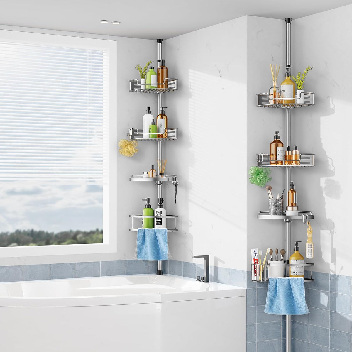 HAMITOR Shower Caddy Tension Pole, 4 Tier Corner Shower Shelves - Silver