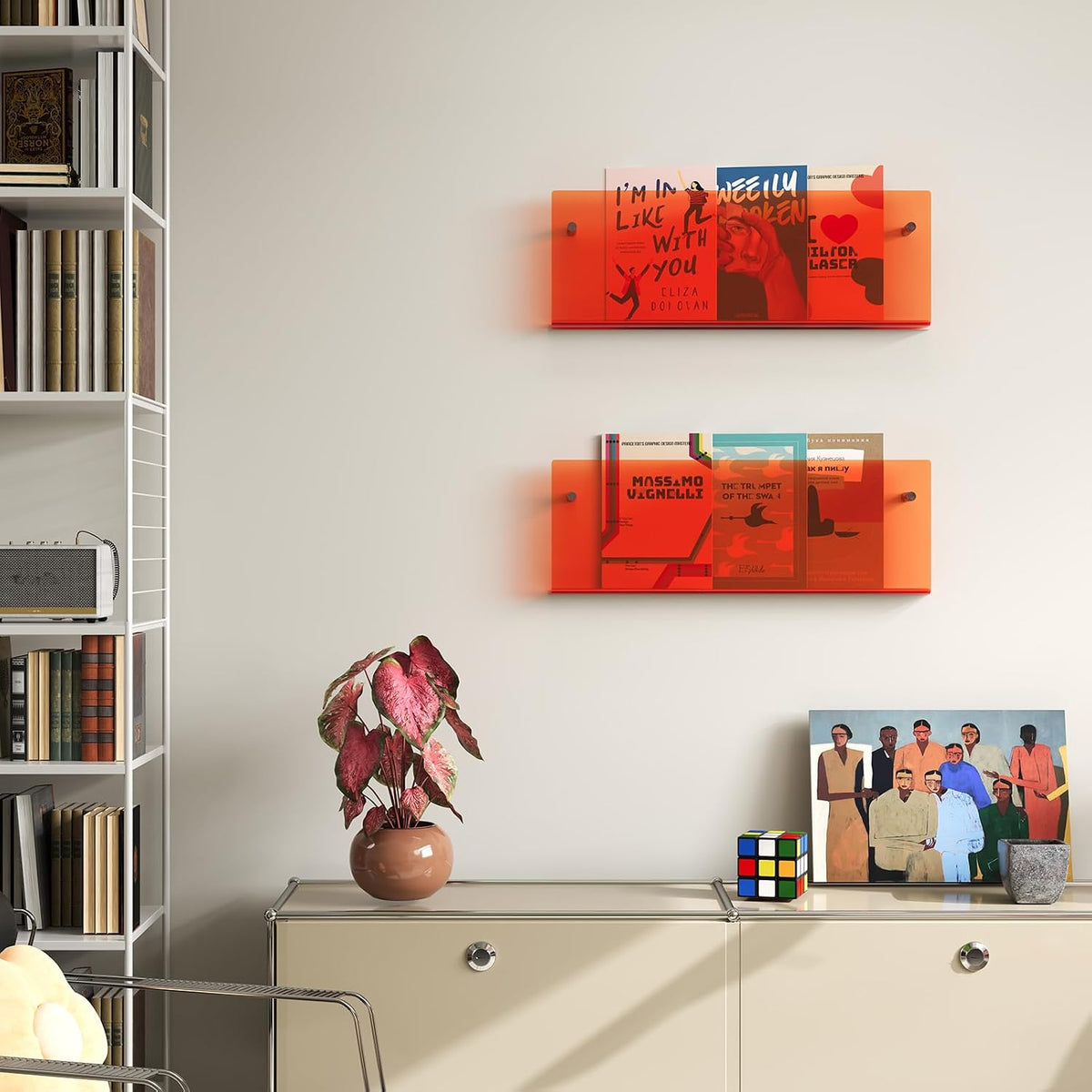 Acrylic Magazine Holder, 2 Pack Hanging Bookshelf Magazine Rack, Wall Mounted Floating Brochure Display for Waiting Room, Office, Home (Orange, 17 Inch)