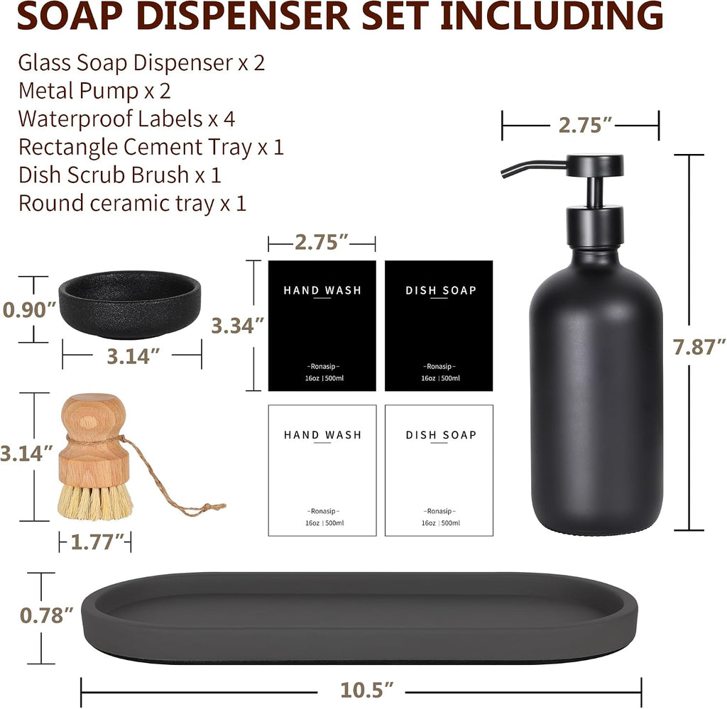 Ronasip Set of 5 Kitchen Soap Dispenser Set 16 Oz Glass Hand Dish Soap Dispenser with Stainless Steel Pump, Cement Tray, Dish Scrub Brush for Farmhouse Rustic Home Bathroom Decor (Black)