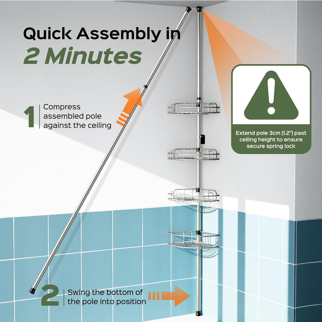 HAMITOR Shower Caddy Tension Pole: 4-Tier Rustproof Bathroom Corner Shelf