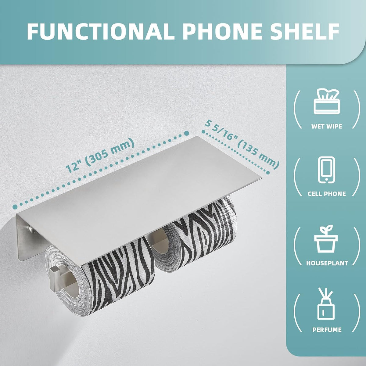 Angle Simple Double Toilet Paper Holder with Shelf, Brushed Nickel