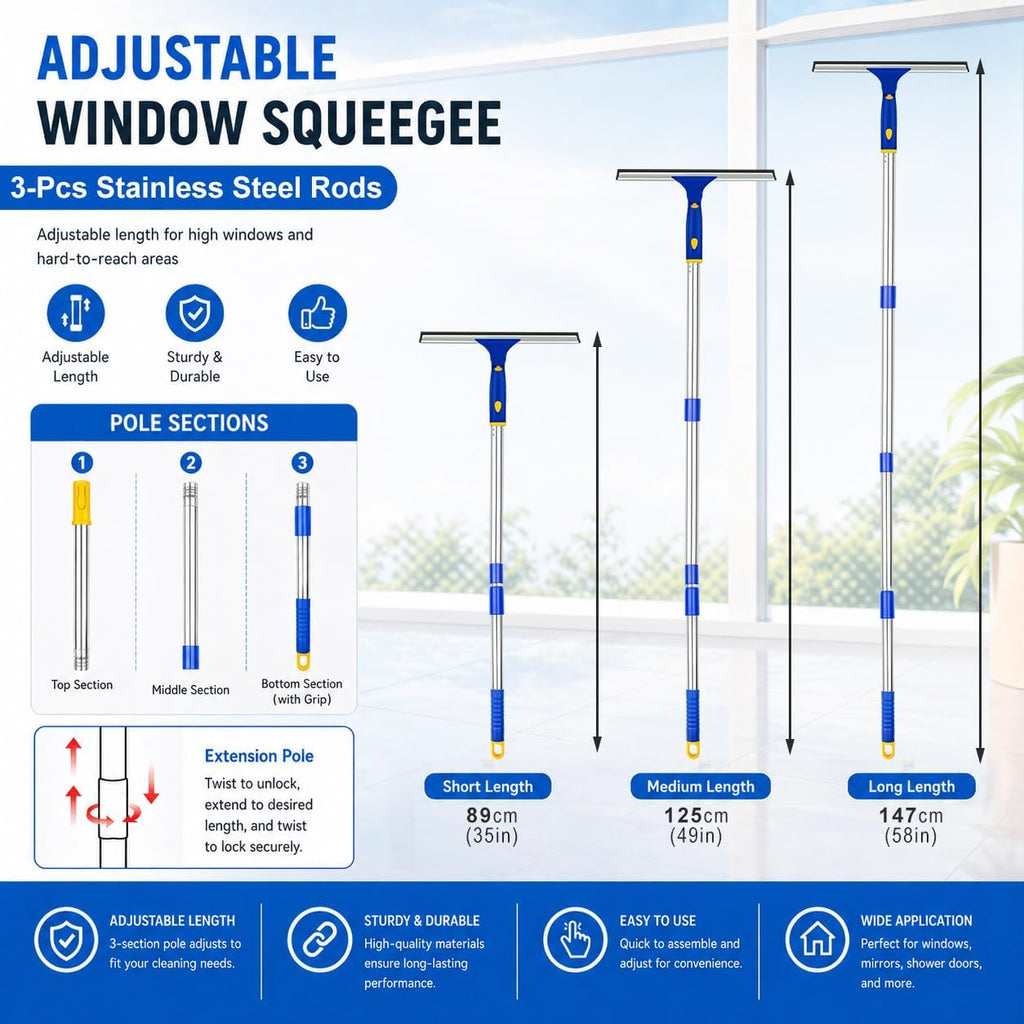 Window Squeegee with Extension Pole, Separate 12" Squeegee & 11" Microfiber Scrubber Heads, Window Cleaning Kit for Hard-to-Reach Windows, Shower Doors, Car Windshields, Indoor Outdoor-2 Pads