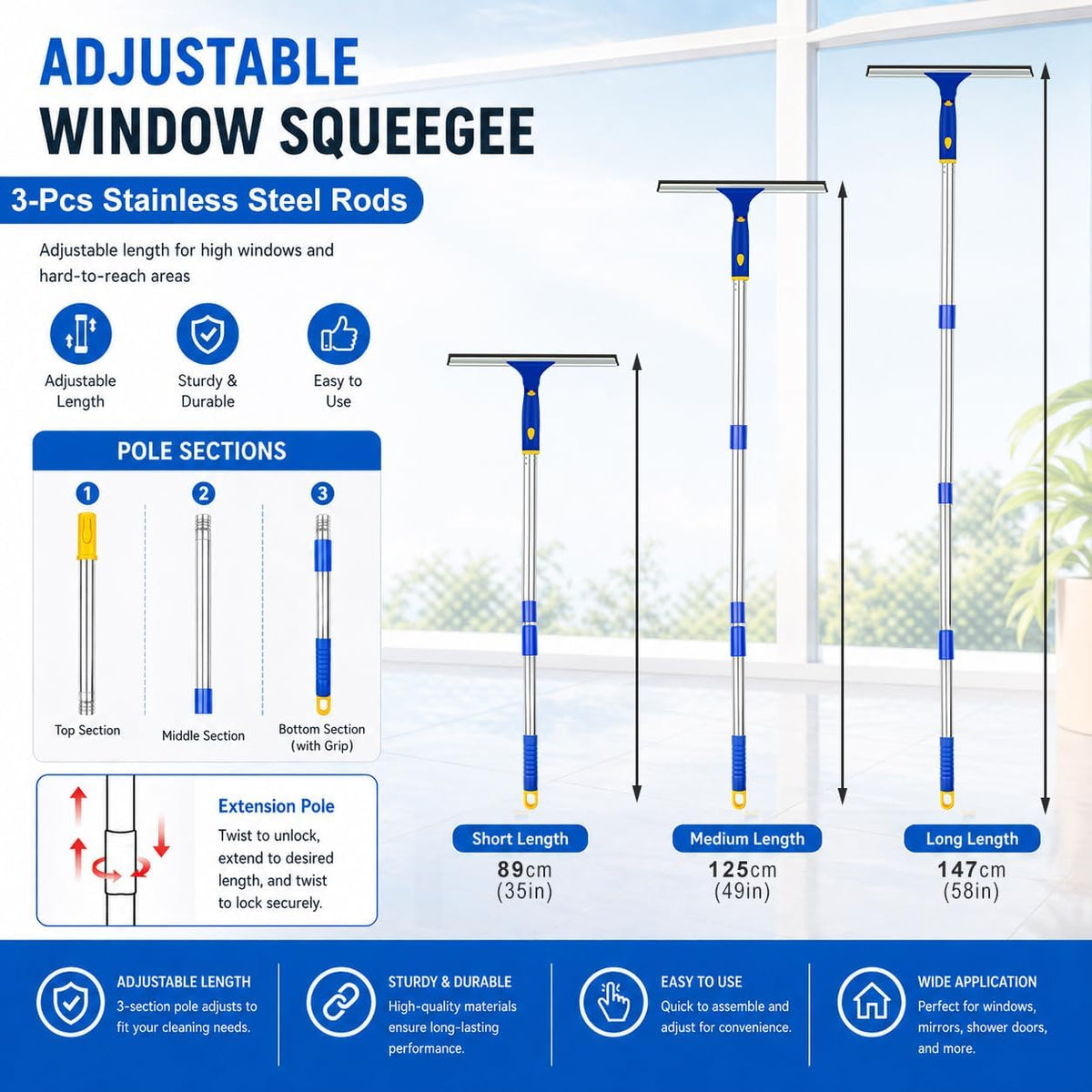 Window Squeegee with Extension Pole, Separate 12" Squeegee & 11" Microfiber Scrubber Heads, Window Cleaning Kit for Hard-to-Reach Windows, Shower Doors, Car Windshields, Indoor Outdoor-2 Pads