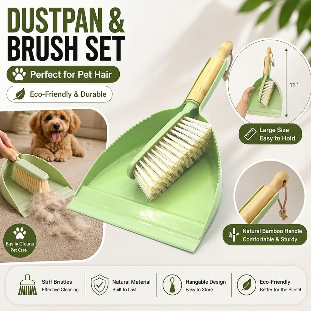 Dust Pan and Brush Set - Small Dustpan and Brush Set, Handheld Broom and Dustpan Set, Brush and Dust Pan Set for Car, Pet Care, Office, 14 x 8.7 inch, Green