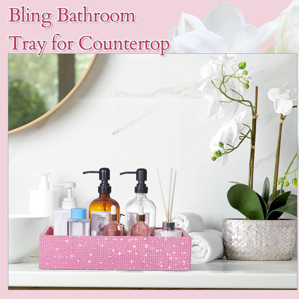 Honeydak Bathroom Basket, Rhinestone Toilet Tank Tray Pink