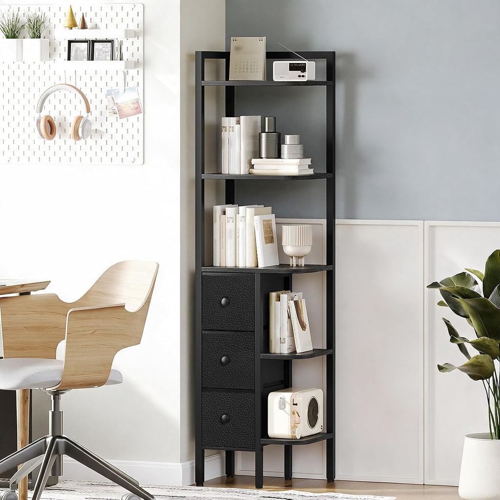 YATINEY 5-Tier Corner Shelf Stand, Corner Bookshelf with 3 Drawers, Black