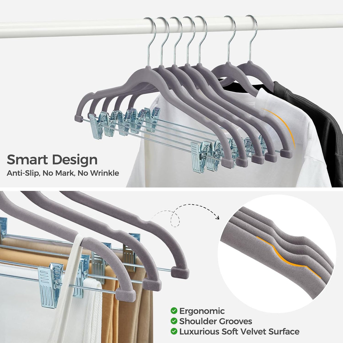 HOUSE DAY Velvet Pant Hangers with Adjudtable Clips 10 Pack, Gray