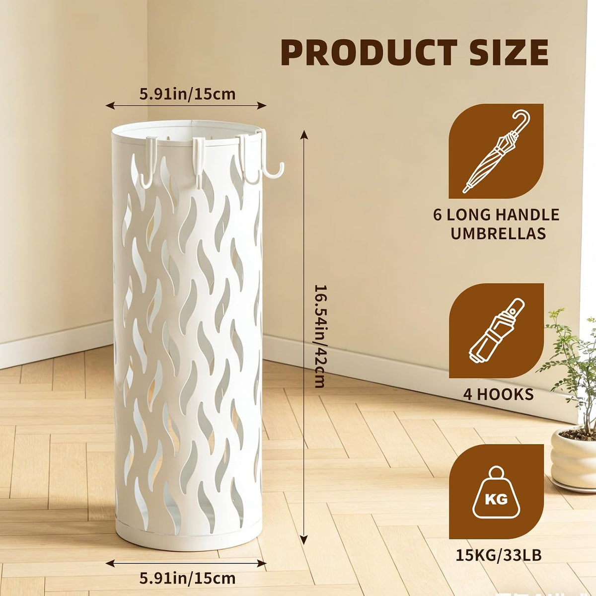 Umbrella Holder White, Metal Umbrella Stand Holder for Entryway, 16.5 x 5.91 x 5.91 Umbrella Storage Indoor with 4 Hooks Decor for Home, Office