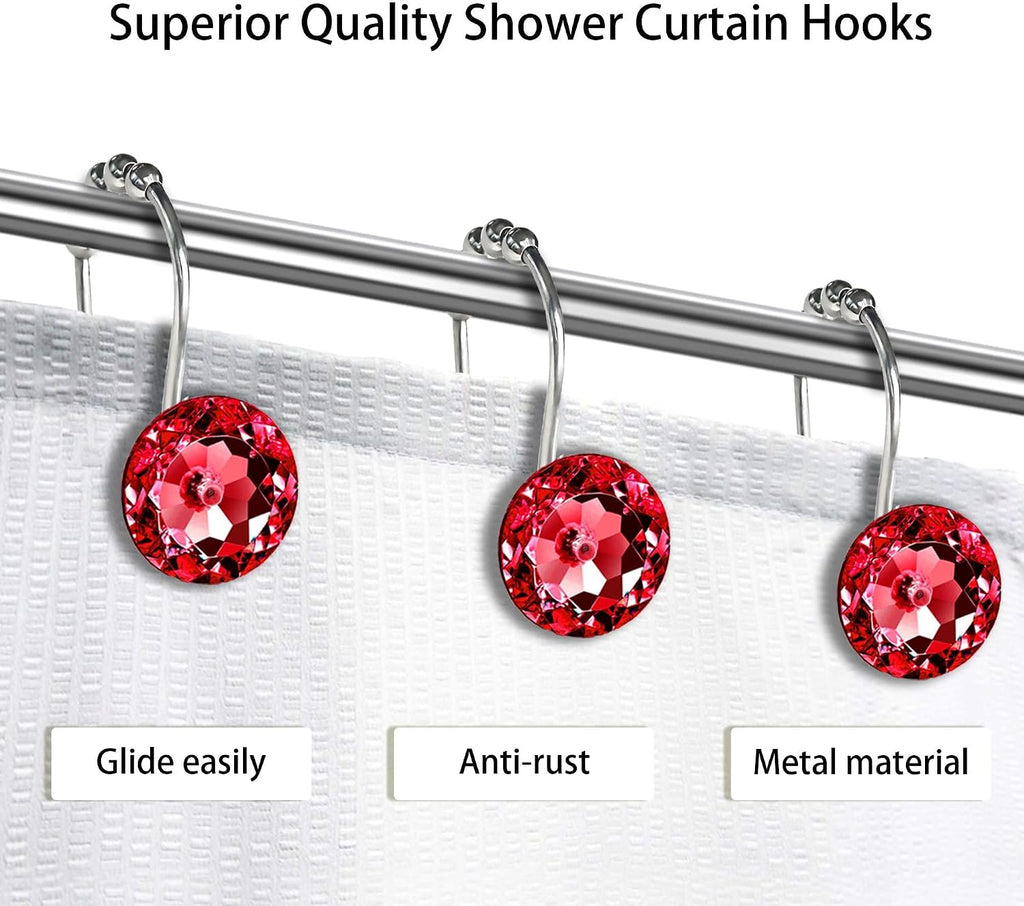 Red Crystal Diamond Shower Curtain Hooks for Bathroom【12Pack】, Silver Rust Proof Stainless Steel Rings, Decorative Gem Hanger, Bling Rhinestone, Glittery, Cute, Fancy Accessories