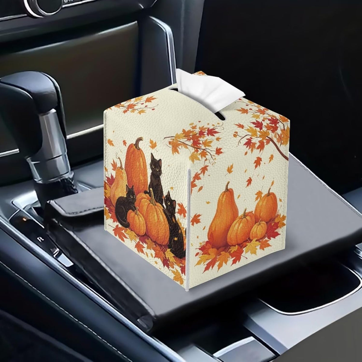 Pumpkin Black Cat Tissue Box Cover PU Leather Square Tissue Holder
