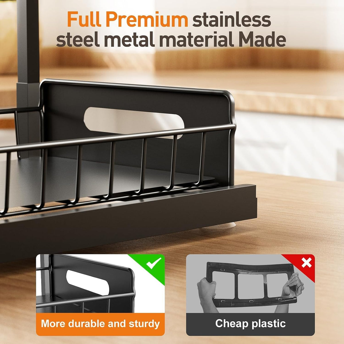 AIDIAM Under Kitchen Sink Organizer, Metal Pull Out Bathroom Organizers and Storage, 2-Tier Cabinet Organizer Shelf with Sliding Drawer, Home Organization for Kitchen, Laundry, Pantry, Black, 1 pack