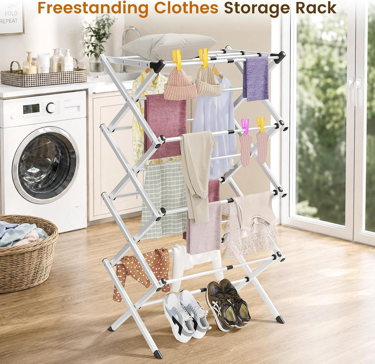 4-Tier Foldable Clothes Drying Rack, Adjustable Width 16.3"-27.95", Heavy Duty Stainless Steel Laundry Drying Rack Holds Up to 60 lbs, No Assembly, Space-Saving Indoor & Outdoor Drying Rack