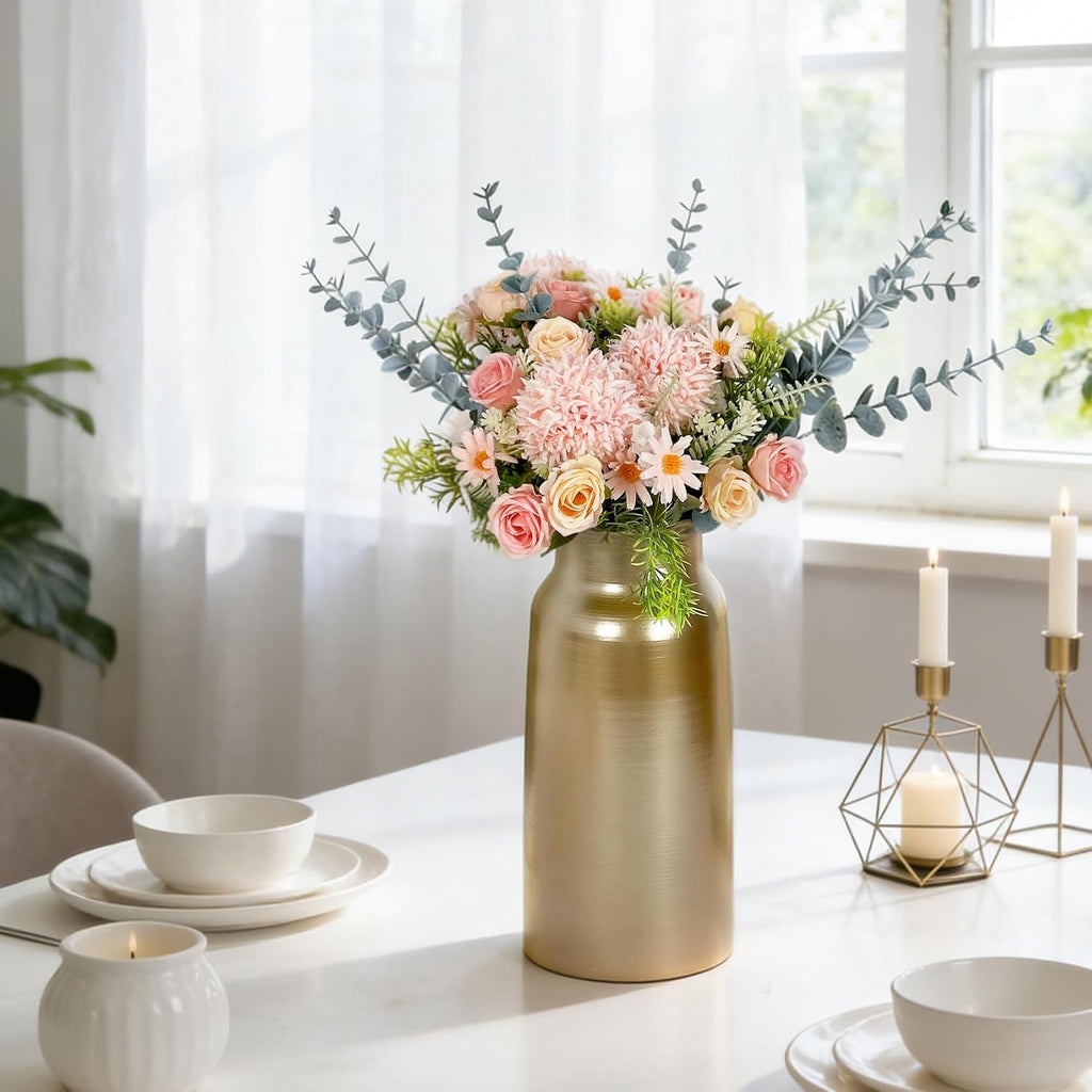 Gold Seamless Metal Flowers Vase Decor, 10.8" Tall Centerpiece Metallic Vases Decorative for Farmhouse Home Kitchen Counter Living Room Entryway Fireplace Aesthetic, floreros para centros de mesa