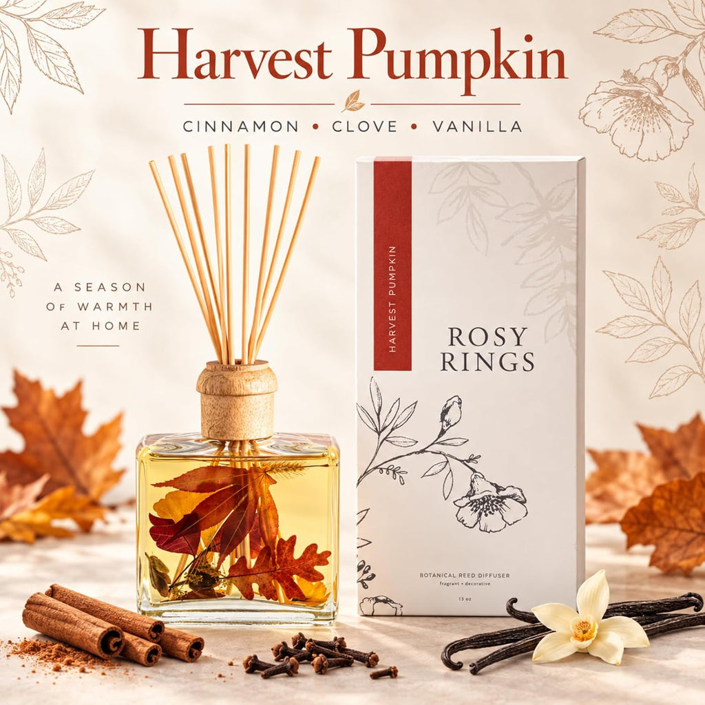 Rosy Rings Botanical Reed Diffuser 13oz - Lasts 6-12 Months Aromatherapy Notes of Cinnamon Clove Vanilla Long Lasting Floral Luxurious Fragrance Home Decor Housewarming Wedding Gifts (Harvest Pumpkin)