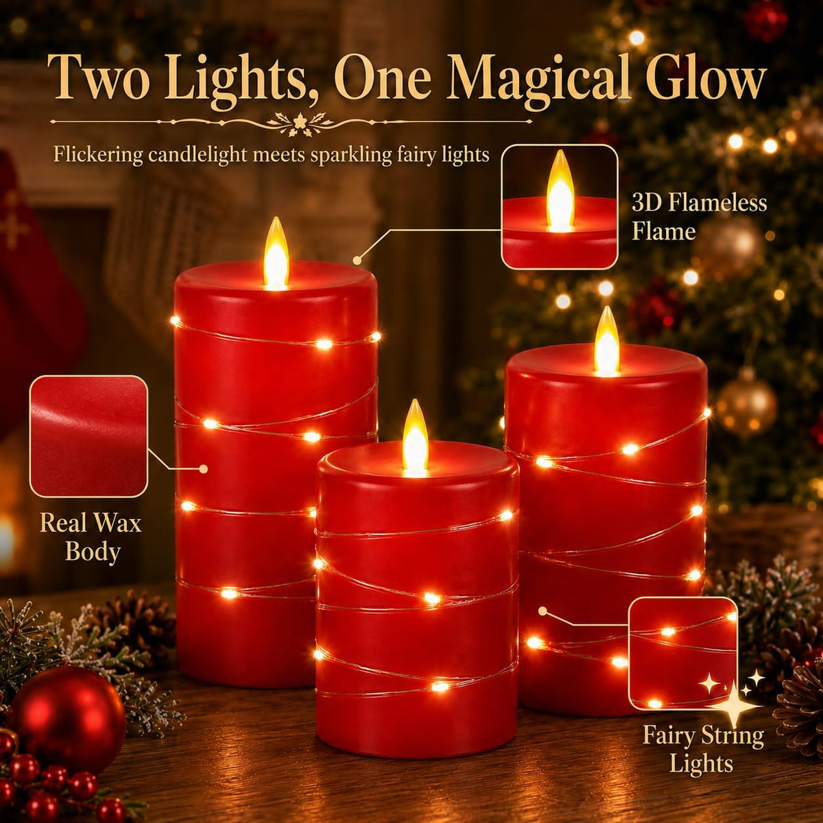 3 Pack Red Real Wax Flameless Taper Candles, Realistic Flickering LED Candles with Surrounding Fairy String Lights, Soft Warm Battery Candle Lights with Remote for Holiday Wedding Indoor Outdoor Decor
