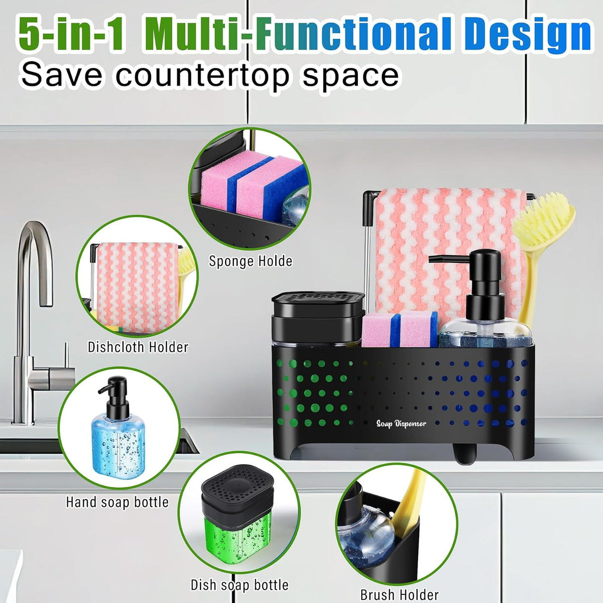Kitchen Soap Dispenser Set, Sponge Holder for Kitchen Sink, Hand and Dish Soap Dispenser with Sink Caddy - 5-in-1 Design, Non-Slip Drainage Water Kitchen Sink Organizer (Black)