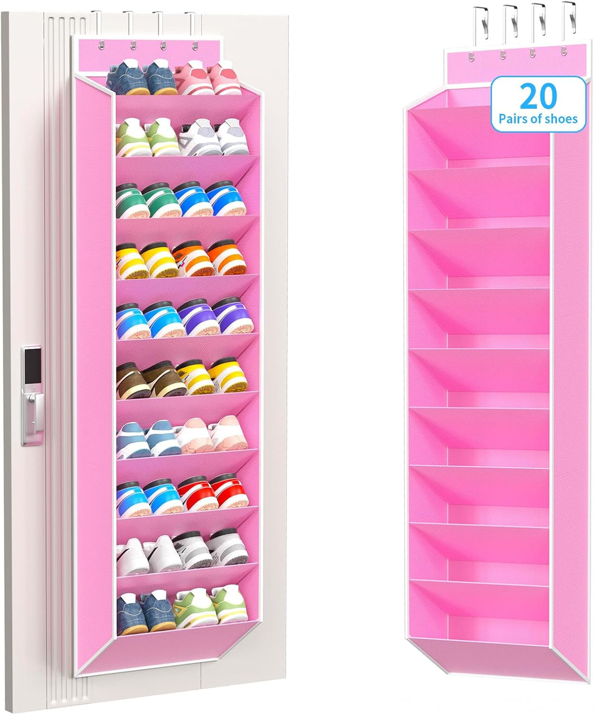 REGELETO 10-Tier Over the Door Shoe Organizer, Hanging Shoe Rack Holder with Deep Pockets for Sneakers Boots, Fits 20 Pairs Non-Woven Fabric with Stainless Steel Hooks. (Pink)