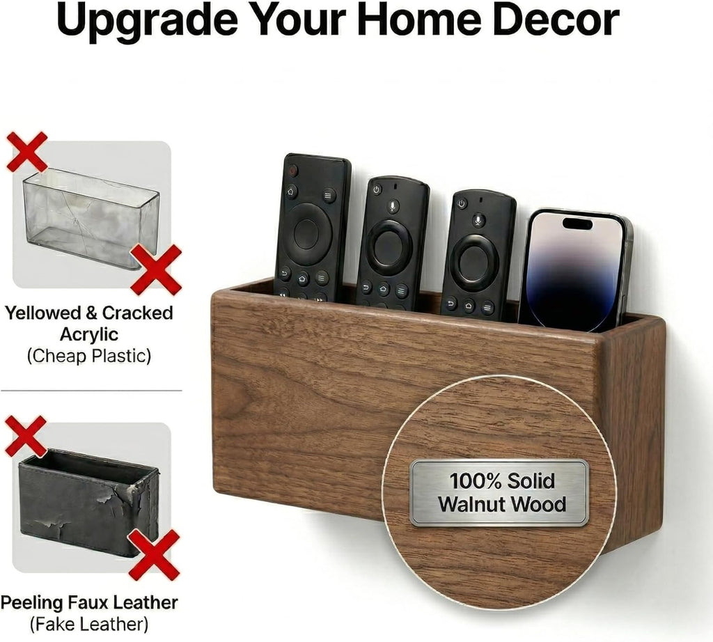 Remote Control Holder Wall Mount, Walnut Wood Remote Caddy, No-Drill, Brown