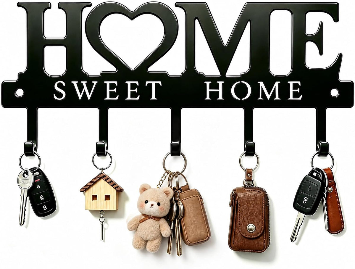 Key Holder for Wall with 5 Hooks, Wall Mounted Metal Key Rack Organizer, Home Sweet Home Heart Decor Key Hooks for Entryway, Mudroom, Kitchen, Dog Leashes, Coats, Housewarming Gift, Black