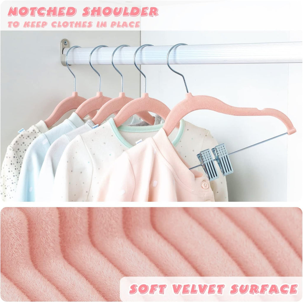 ManGotree 11.8 Inch Baby Velvet Hangers with Movable Clips 16 Pack Pink