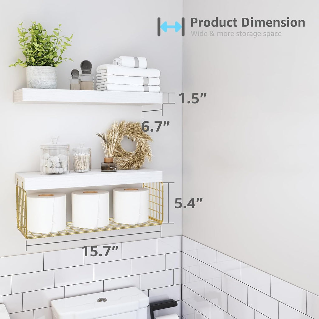 QEEIG Bathroom Shelves Over Toilet Wall (White and Gold, Set of 2, 15.7")