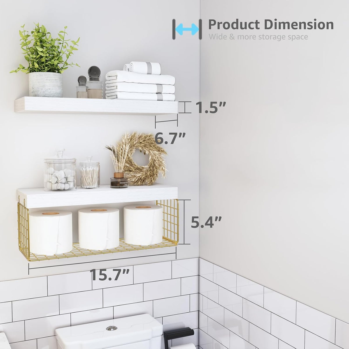 QEEIG Bathroom Shelves Over Toilet Wall (White and Gold, Set of 2, 15.7")