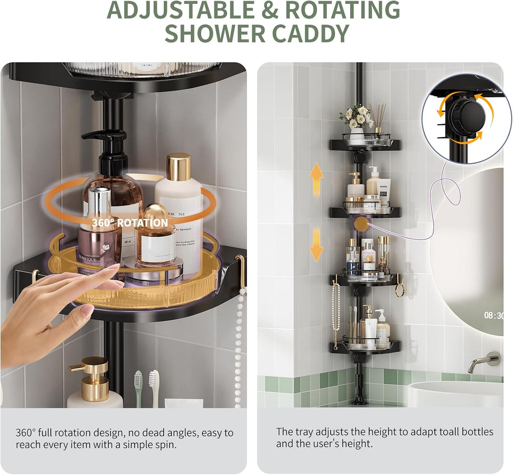 360° Rotating Tension Pole Caddy – 4-Tier Corner Shower Organizer, Height Adjustable 33"–124", Space-Saving for Bathroom, Kitchen Counter, Cabinet Gaps & Bathtub (black)