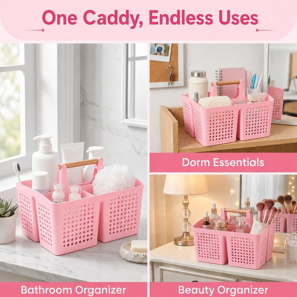 Portable Shower Caddy Basket with 3 Compartments and Handle, Caddy Pink