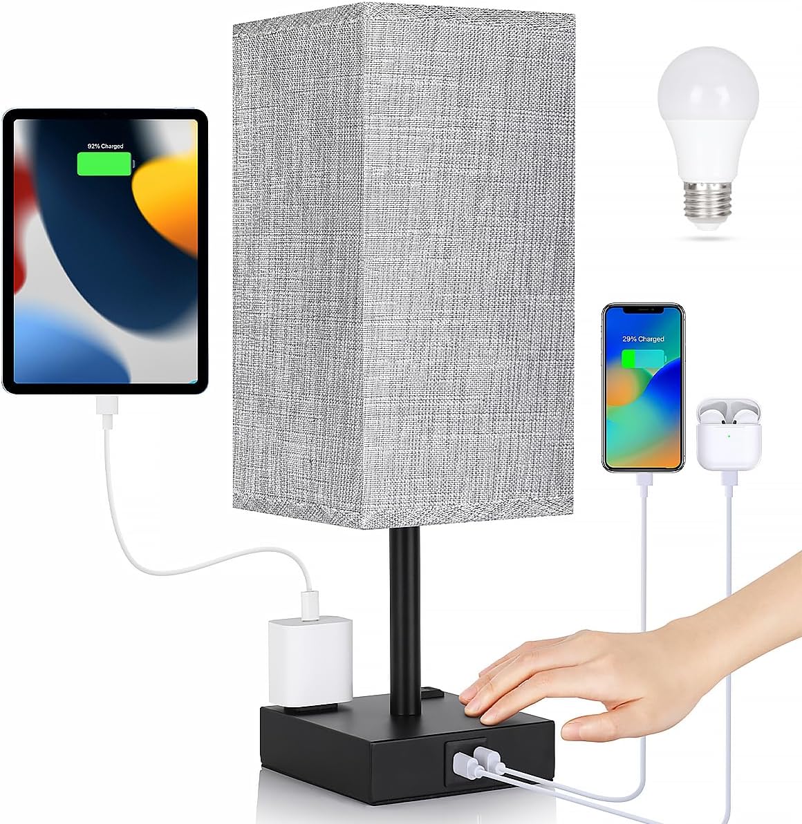 Bedside Table Lamp for Bedroom - Touch Small Lamp with USB C+A Charging Ports & AC Outlets, 3 Way Dimmable Nightstand Light for Living Room (LED Bulb Included, Grey)