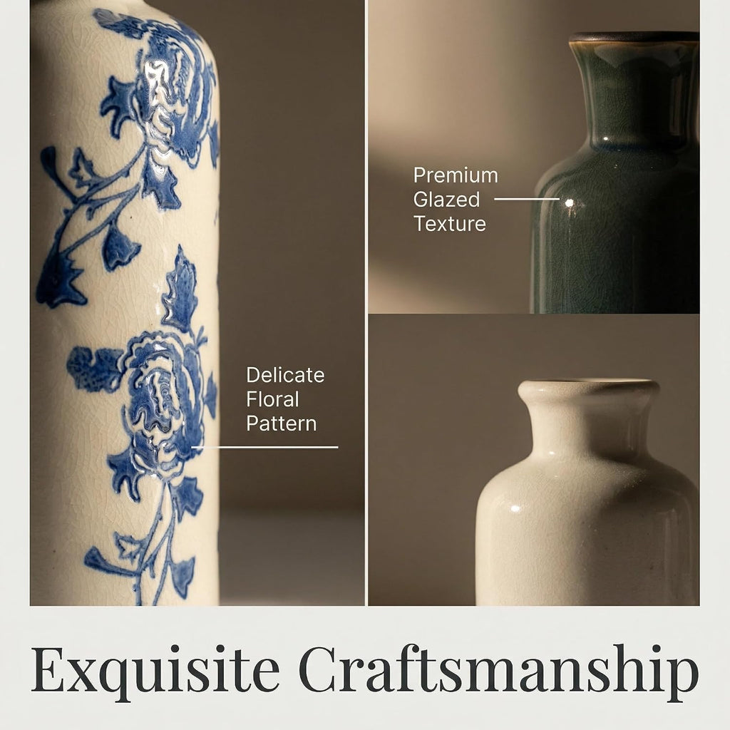 Ceramic Vintage Vase Set of 3, Blue and White Crackle Glaze, Chinoiserie Floral Decor for Farmhouse Shelf, Table Centerpiece, Mantel, Living Room & Office