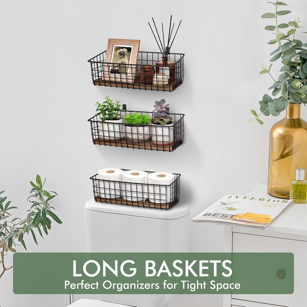 Wall Hanging Baskets, 3 Wooden Wire Bins with Hooks & Adhesive Mount(Extra)
