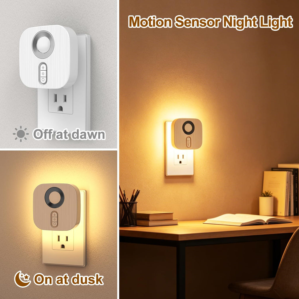 Plug-in LED Backit Night Light with Motion Sensor & Dusk to Dawn Sensor, Dimmable Warm White Nightight wth 5-Level dimming Adjustable Brightness for Bathroom, Bedroom, Hallway, Stairs (2 Pack)