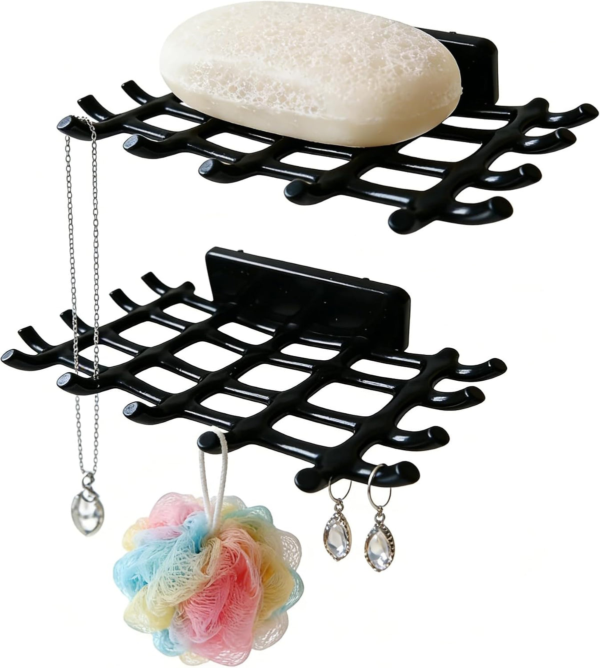 2-Pack Adhesive Soap Holder, No Drill Wall Mounted Self Draining Soap Dish for Shower Bathroom Kitchen(Black)