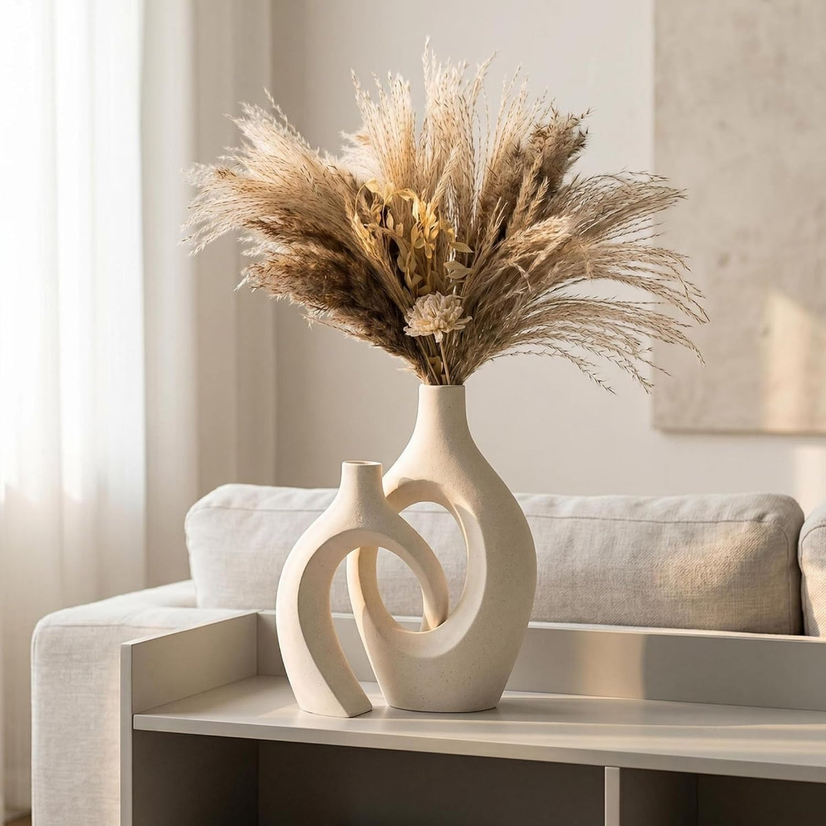 Liotww Snuggle Hollow Ceramic Flower Vase Modern Cream White Vase Set of 2