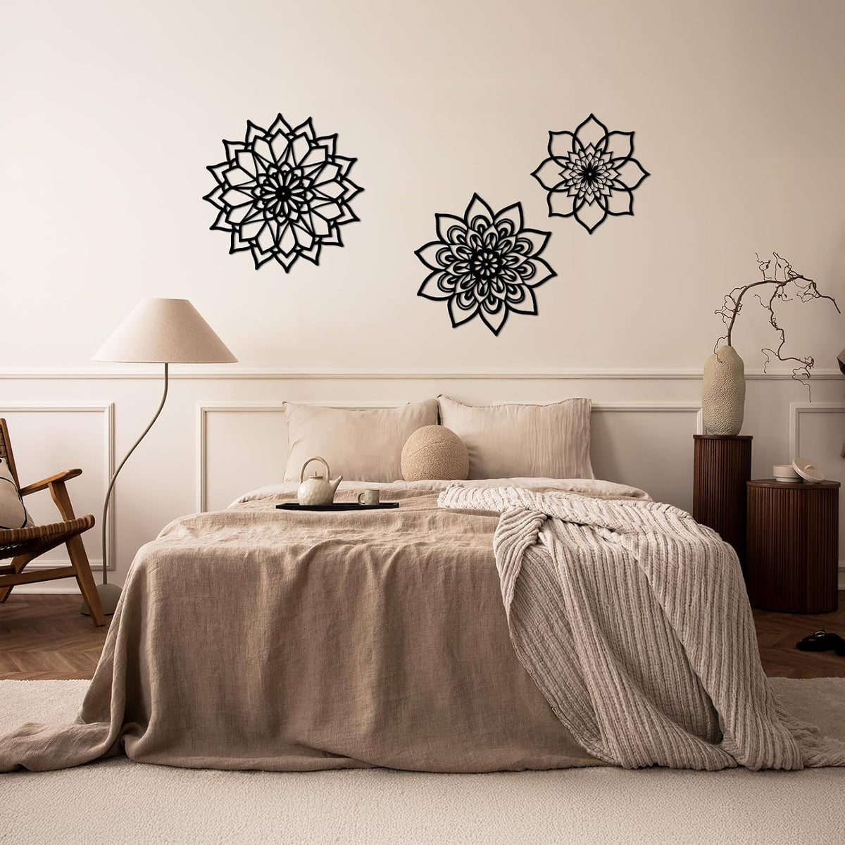 Sanwarm Wall Decor, 3 Pieces, Black Metal, for Home Bohemian Mandala