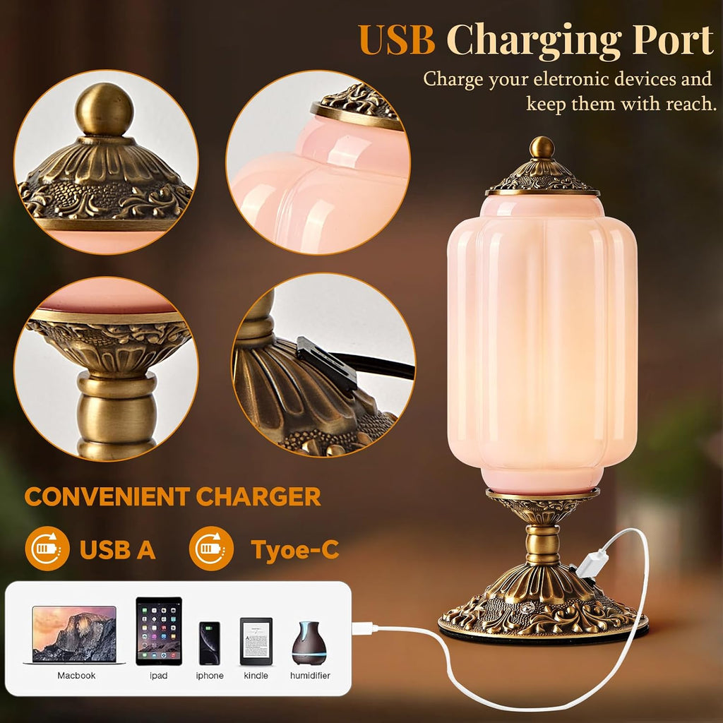 Pink Milk Glass Table Lamp, Touch Control with USB Charging Port Desk Lamp