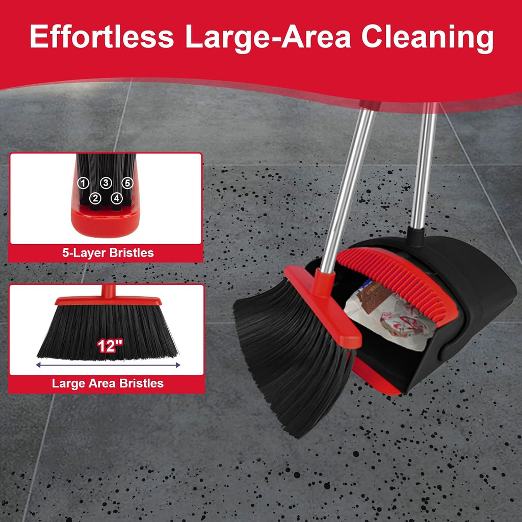 Broom and Dustpan Combo Set, 51" Long Handle with Silicone Squeegee