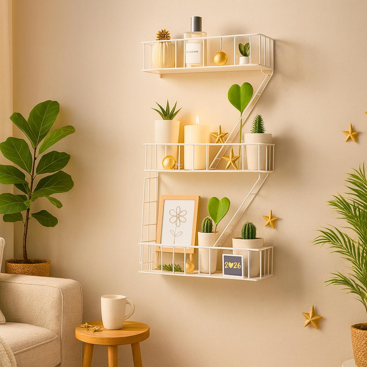 Fire Escape Wall Shelf, White Metal Decorative Floating Ladder, 3-Tier