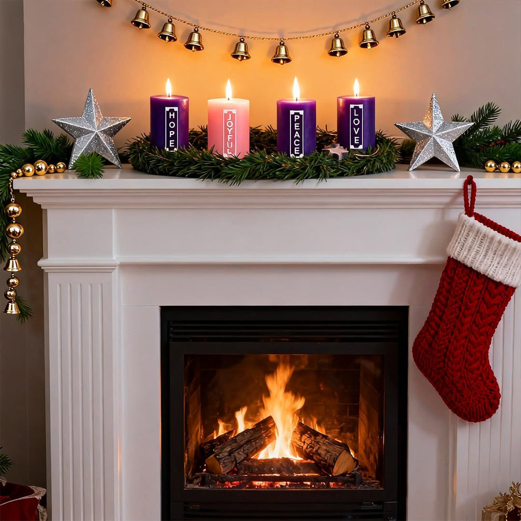 Set of 4 2x3 Inch Advent Pillar Candles with Words Peace, Love, Hope and Joyful, Unscented Purple and Pink Christmas Seasonal Candles - 24 Hour Burn Time