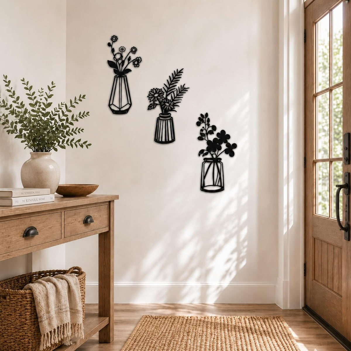 Qzmaikoo 3 Pieces Black Metal Flowers Wall Decor Vase Art Sculptures Hanging for Indoor Kitchen Bathroom Dining Room Patio, 14.56x7.48 Inches